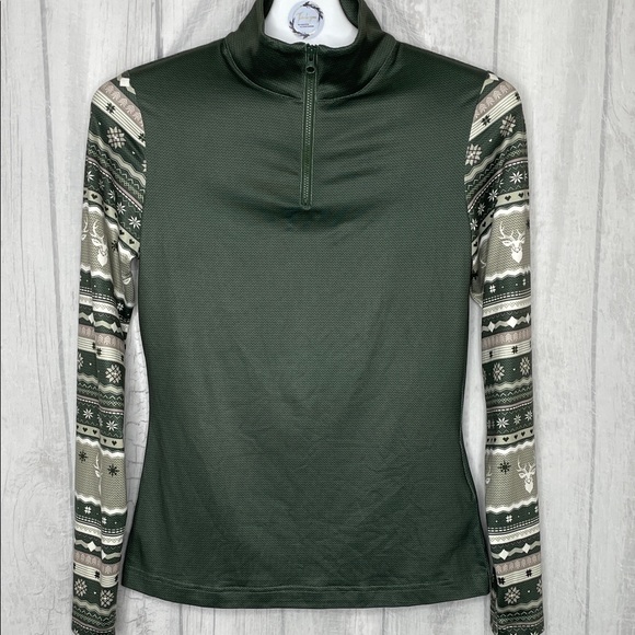 Alp N Rock Tops - Alp N Rock Dark Green Half-Zip Top with Patterned Long Sleeves